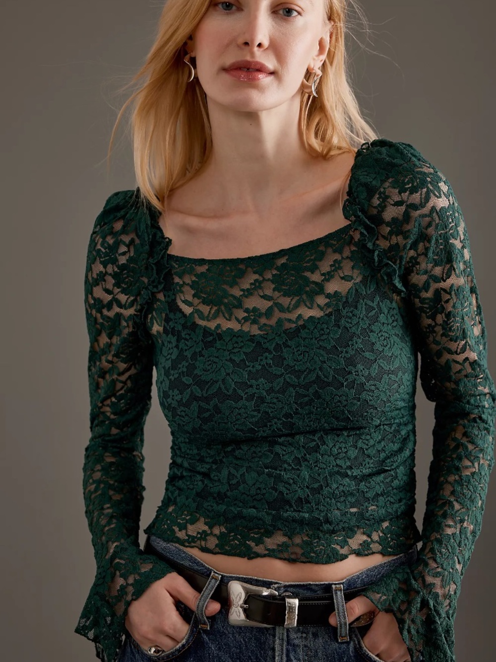 NWT Anthropologie Puff Shoulder Lace Top Forest Green Ruffle Cuffs S